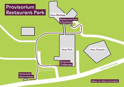 Skizze, wie man vom Parkplatz zum Restaurantprovisorium gelangt